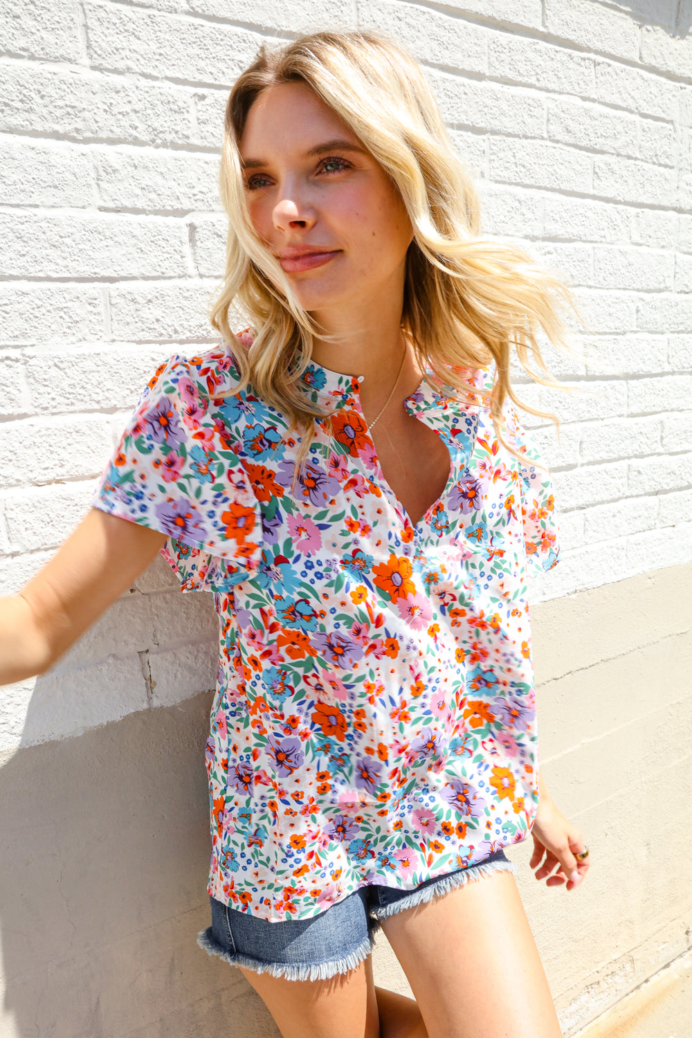 First Love Ivory Floral Print Notch Neck Puff Short Sleeve Top