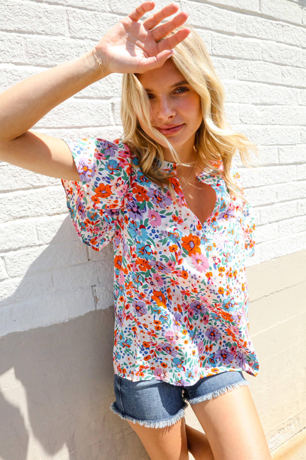 First Love Ivory Floral Print Notch Neck Puff Short Sleeve Top