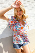 First Love Ivory Floral Print Notch Neck Puff Short Sleeve Top