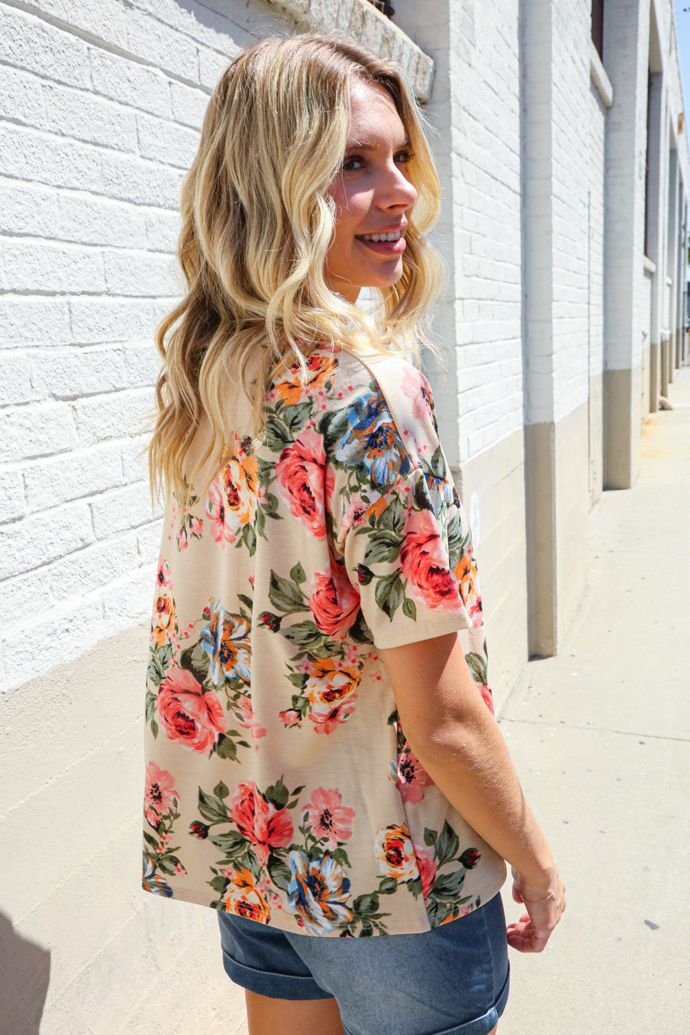 Haptics Taupe Floral Print Short Sleeve Top