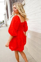 First Love Red Crepe Sweetheart Wrap Yoke Puff Sleeve Lined Dress