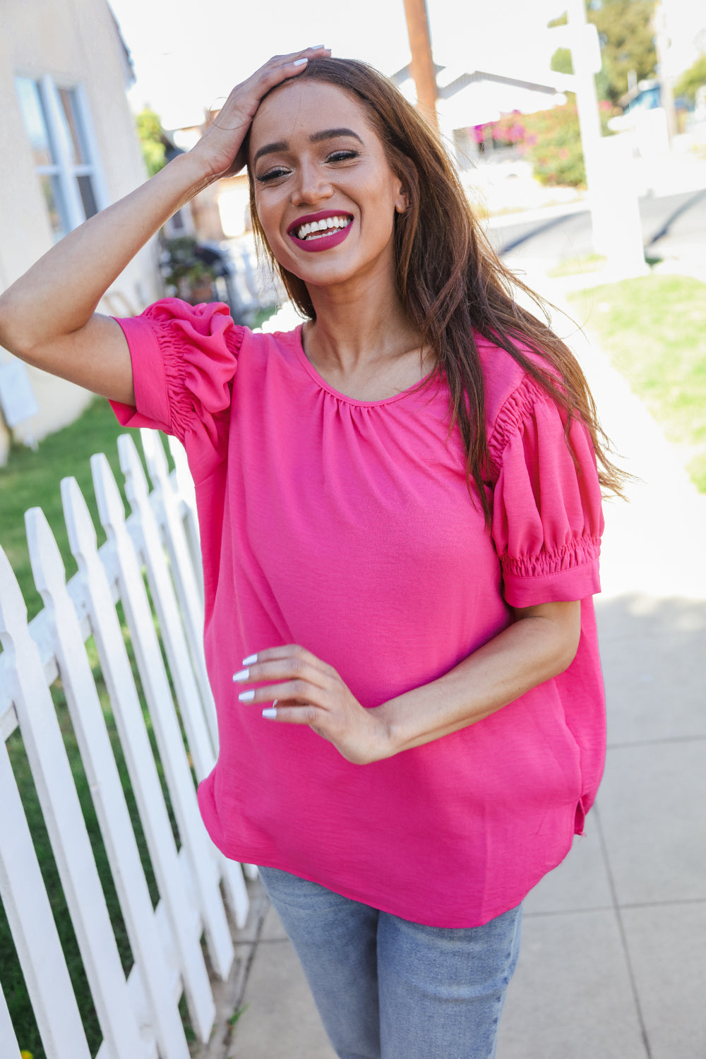 Haptics Solid Fuchsia Silk Shirred Cap Short Sleeve Blouse