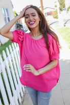 Haptics Solid Fuchsia Silk Shirred Cap Short Sleeve Blouse