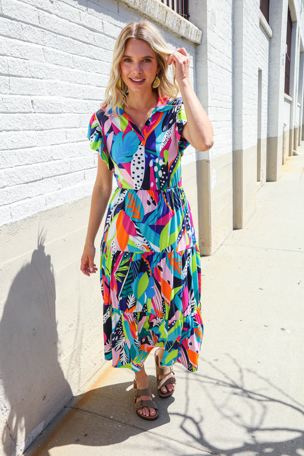 Haptics PLUS Tropical Floral Collar V Neck Midi Dress