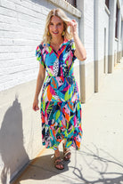 Haptics PLUS Tropical Floral Collar V Neck Midi Dress