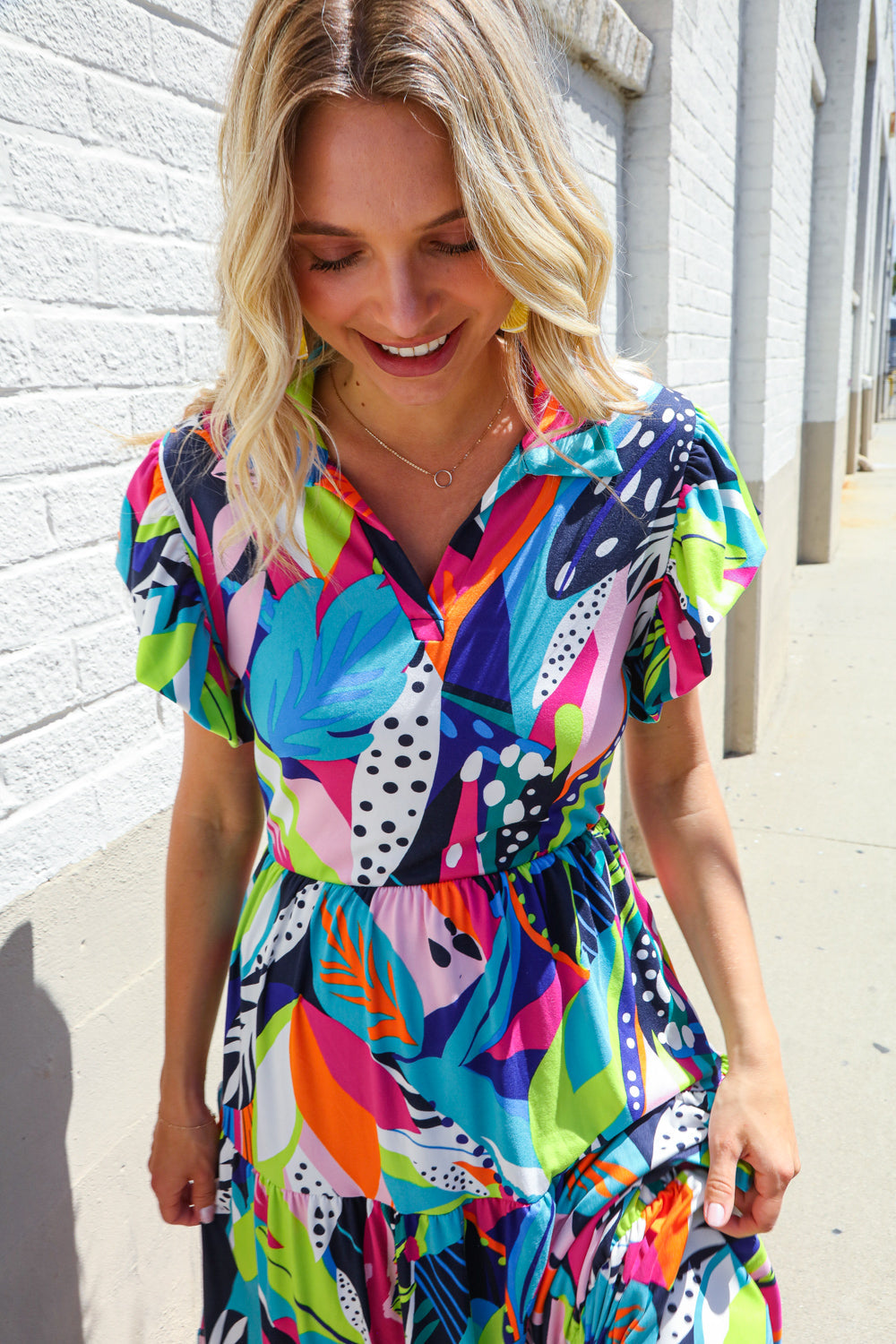 Haptics PLUS Tropical Floral Collar V Neck Midi Dress