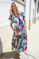 Haptics PLUS Tropical Floral Collar V Neck Midi Dress