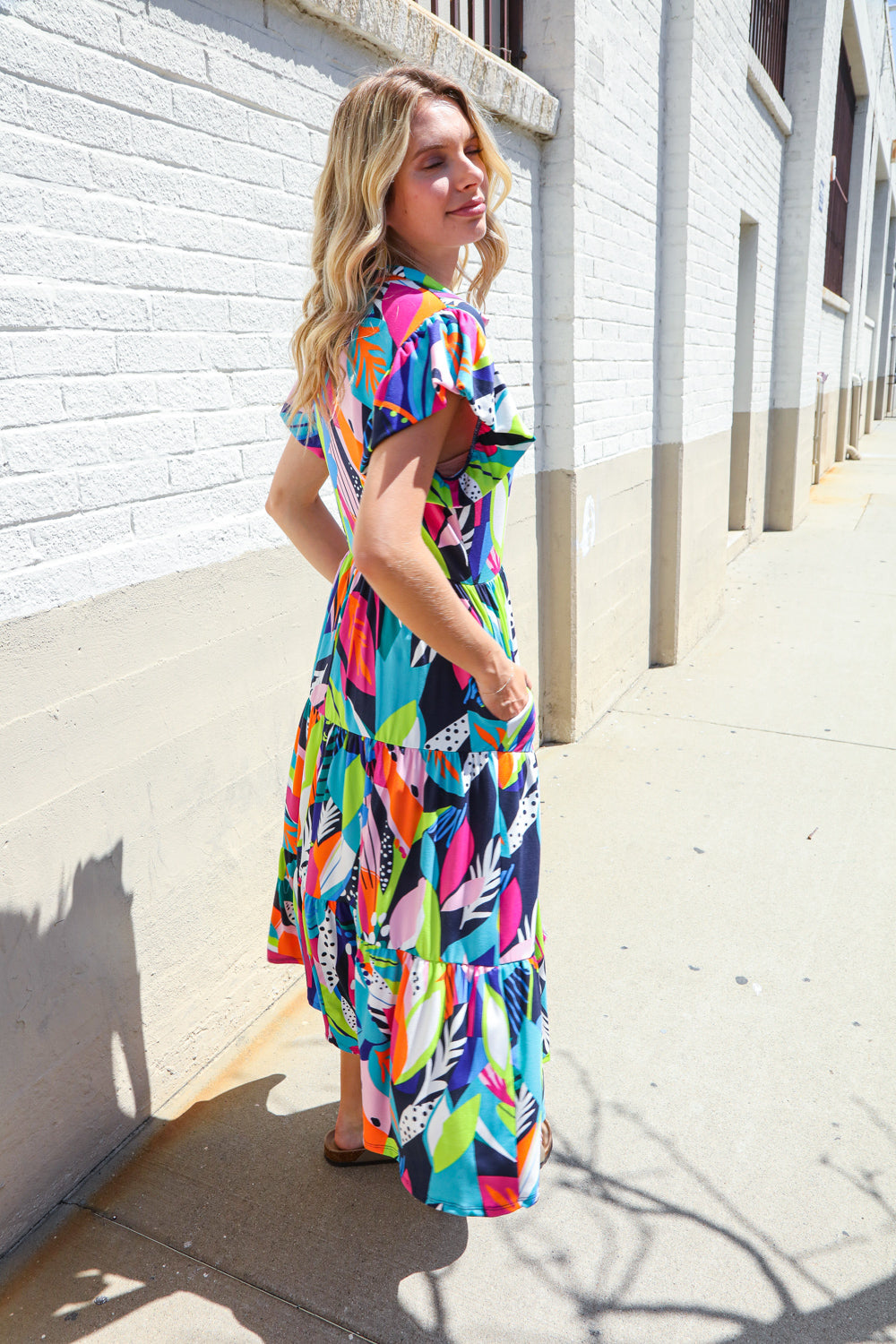 Haptics PLUS Tropical Floral Collar V Neck Midi Dress