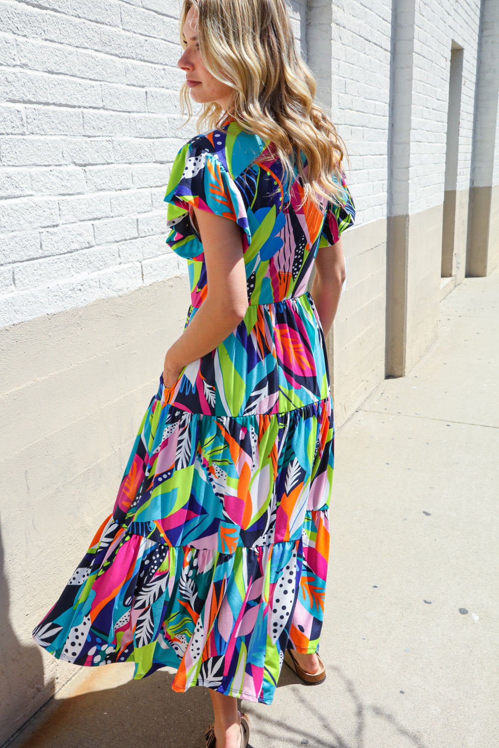 Haptics PLUS Tropical Floral Collar V Neck Midi Dress