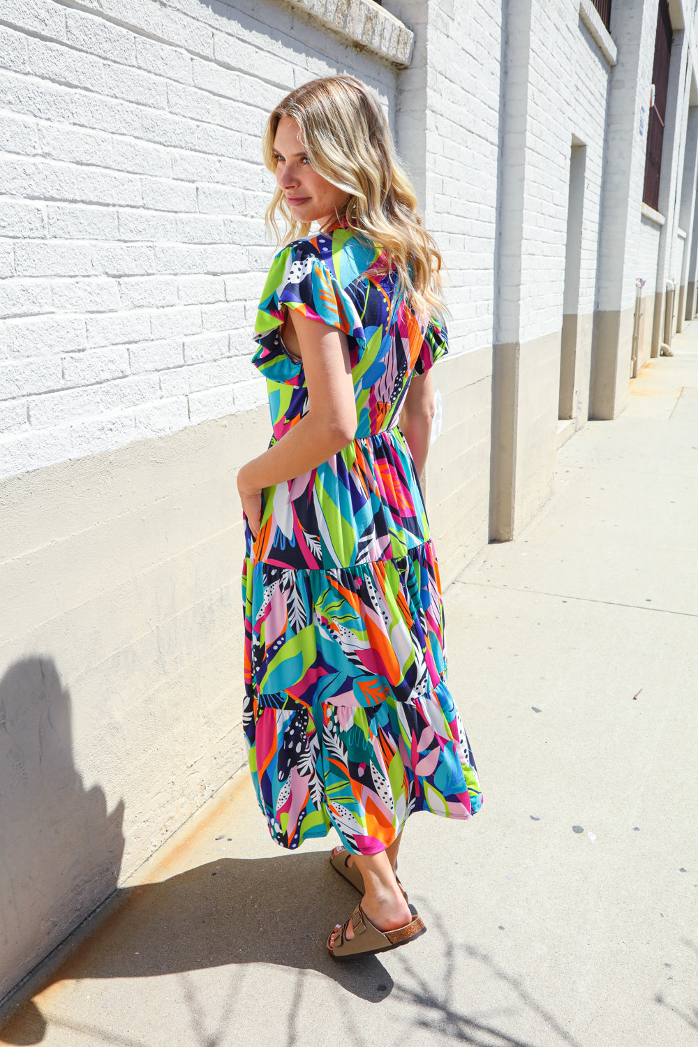 Haptics PLUS Tropical Floral Collar V Neck Midi Dress