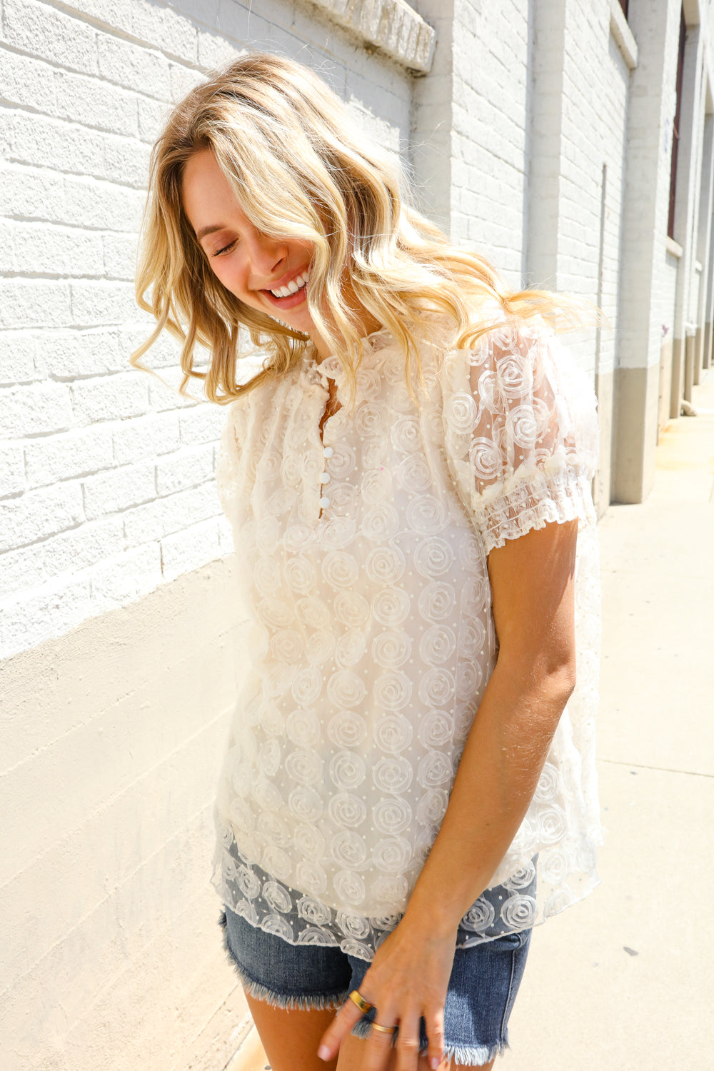 First Love Classy Chic Ivory Swiss Dot Chiffon Button Yoke Lined Blouse