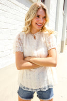 First Love Classy Chic Ivory Swiss Dot Chiffon Button Yoke Lined Blouse