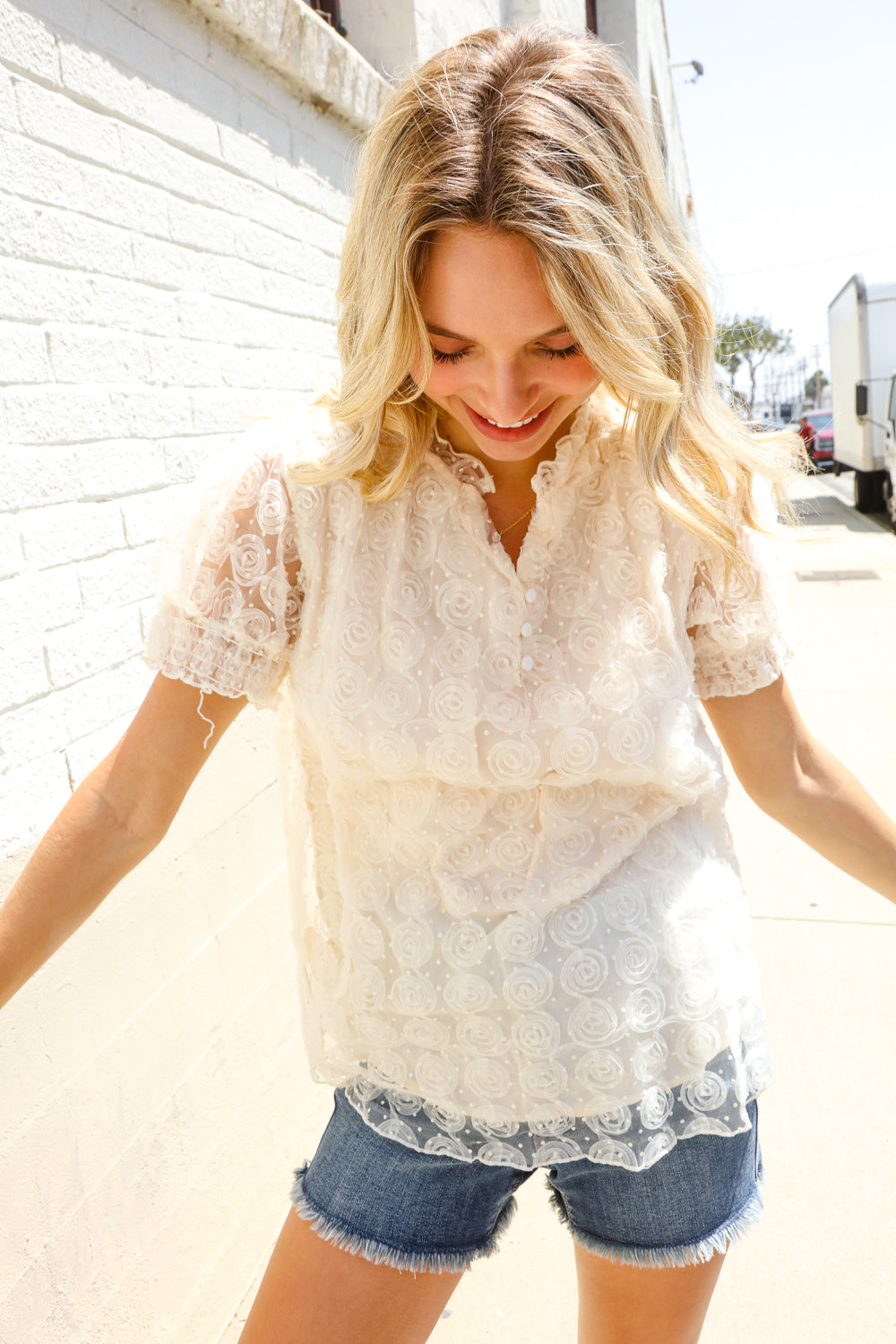 First Love Classy Chic Ivory Swiss Dot Chiffon Button Yoke Lined Blouse