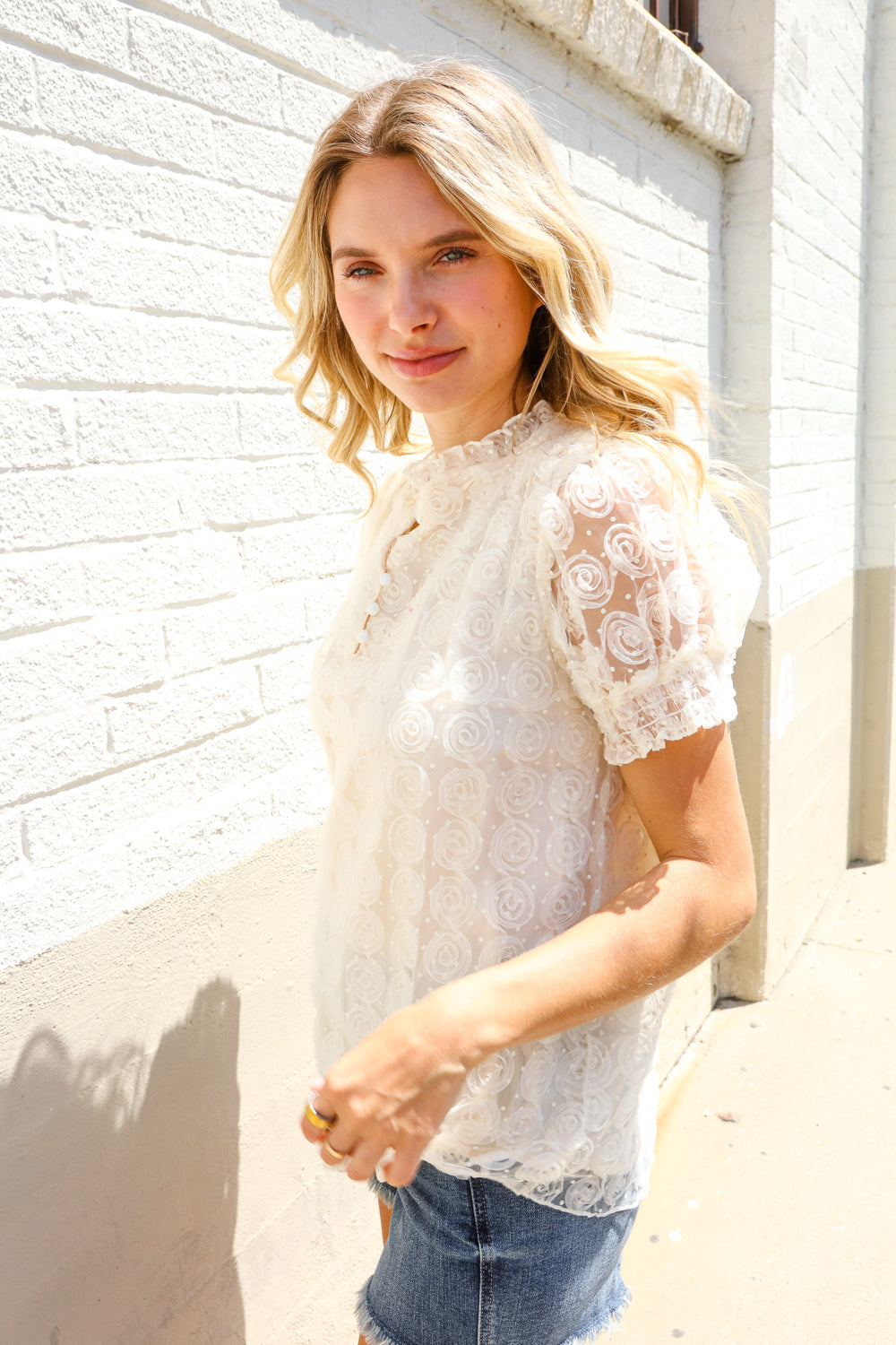 First Love Classy Chic Ivory Swiss Dot Chiffon Button Yoke Lined Blouse