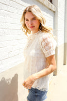 First Love Classy Chic Ivory Swiss Dot Chiffon Button Yoke Lined Blouse