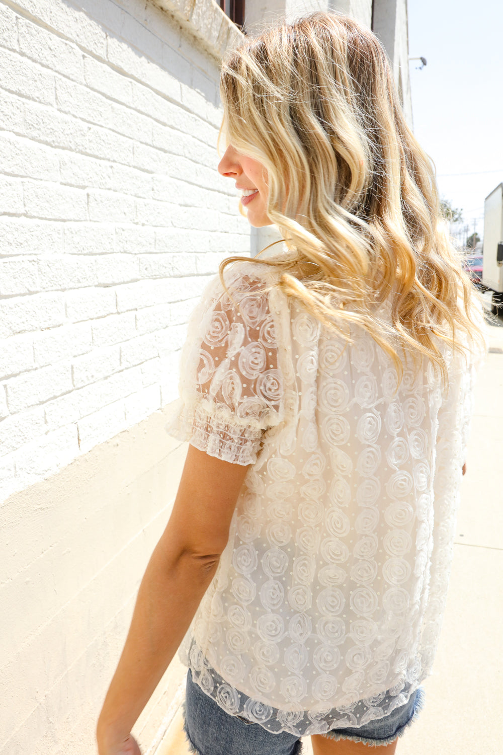 First Love Classy Chic Ivory Swiss Dot Chiffon Button Yoke Lined Blouse