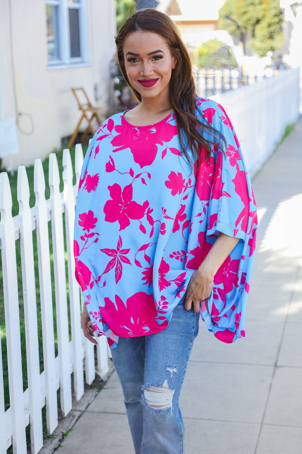 First Love Fuchsia Floral Asymmetrical Coverup Blouse