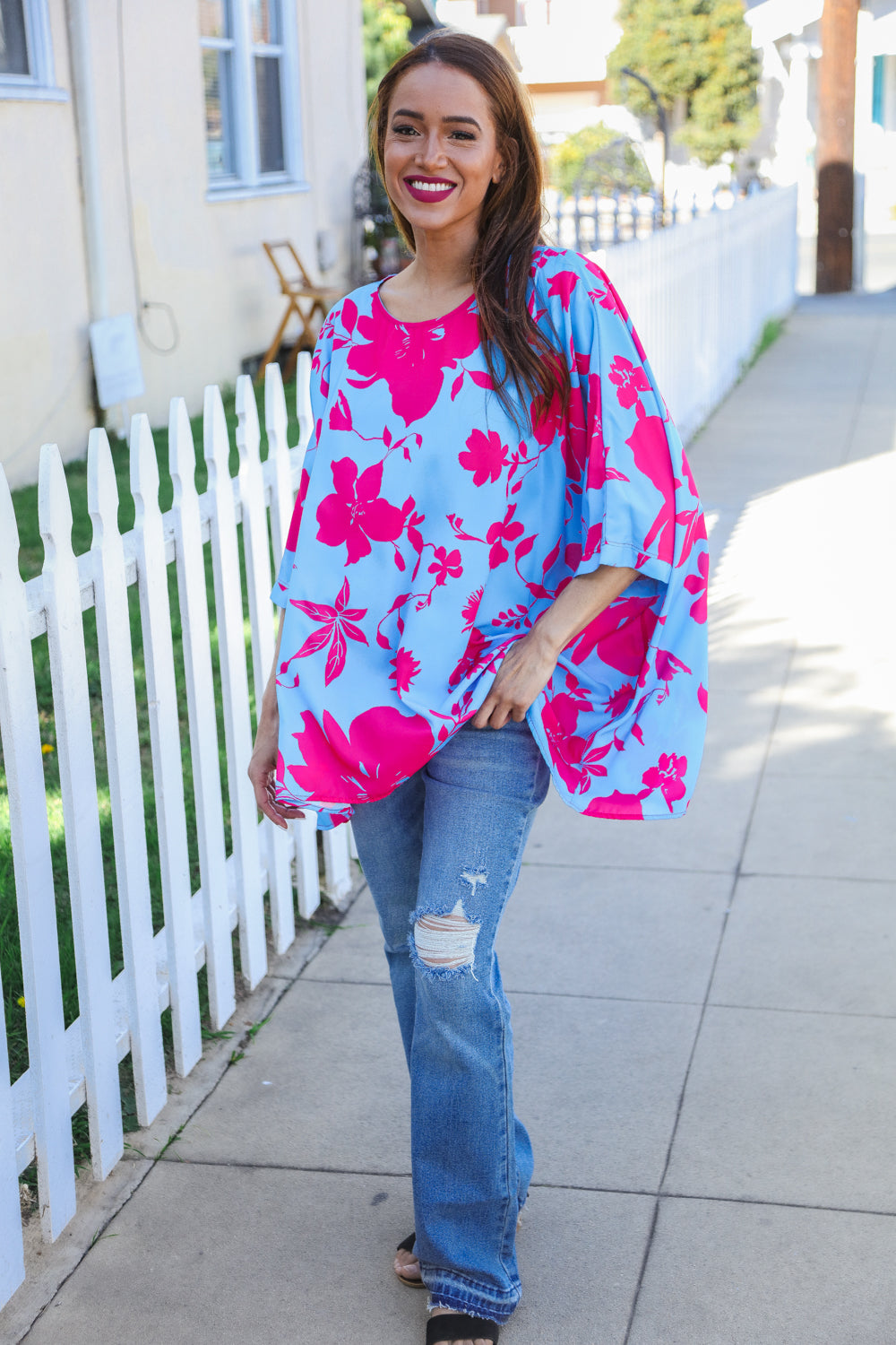 First Love Fuchsia Floral Asymmetrical Coverup Blouse