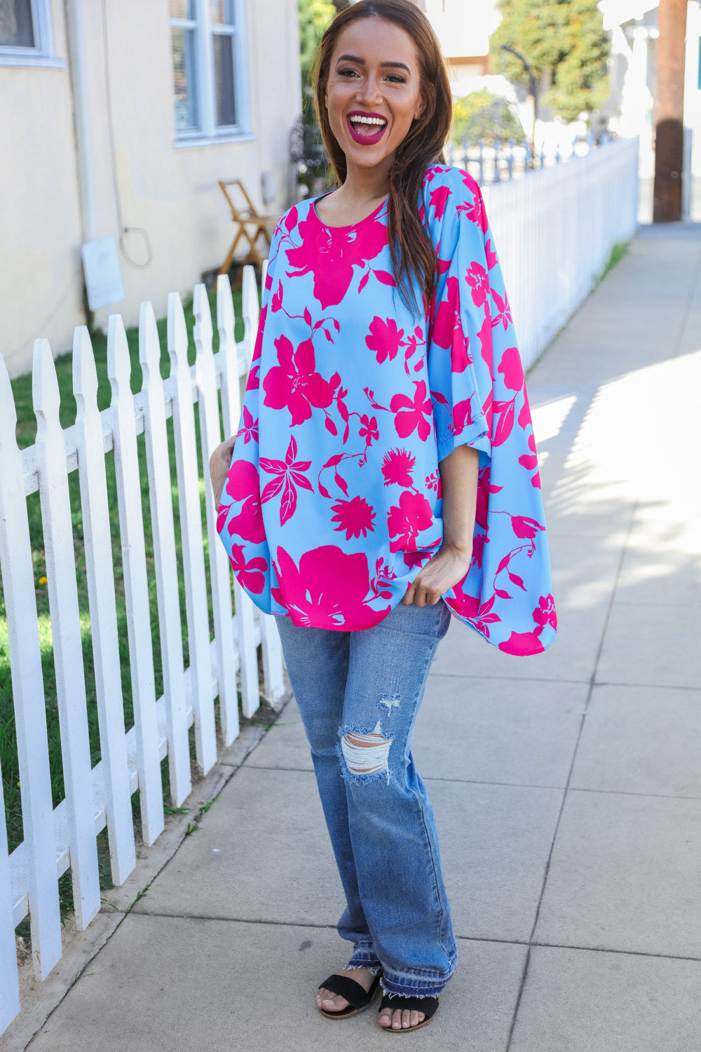 First Love Fuchsia Floral Asymmetrical Coverup Blouse