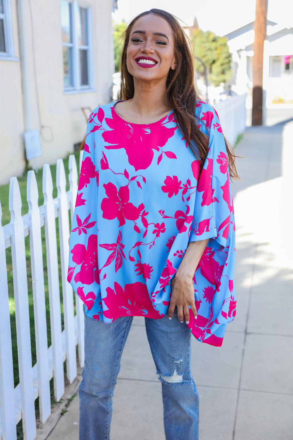 First Love Fuchsia Floral Asymmetrical Coverup Blouse