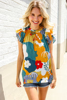 First Love Be Bold Multicolor Abstract Print Flutter Sleeve Mock Neck Top