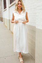 First Love Ivory Cotton Collar Drawstring Waist Fit & Flare Midi