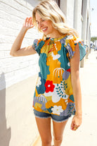First Love Be Bold Multicolor Abstract Print Flutter Sleeve Mock Neck Top
