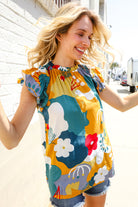 First Love Be Bold Multicolor Abstract Print Flutter Sleeve Mock Neck Top