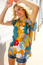 First Love Be Bold Multicolor Abstract Print Flutter Sleeve Mock Neck Top