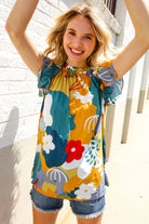 First Love Be Bold Multicolor Abstract Print Flutter Sleeve Mock Neck Top