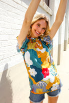 First Love Be Bold Multicolor Abstract Print Flutter Sleeve Mock Neck Top