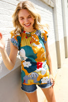 First Love Be Bold Multicolor Abstract Print Flutter Sleeve Mock Neck Top