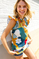 First Love Be Bold Multicolor Abstract Print Flutter Sleeve Mock Neck Top