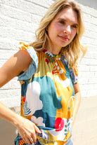 First Love Be Bold Multicolor Abstract Print Flutter Sleeve Mock Neck Top