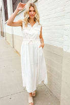 First Love Ivory Cotton Collar Drawstring Waist Fit & Flare Midi