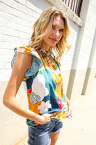 First Love Be Bold Multicolor Abstract Print Flutter Sleeve Mock Neck Top