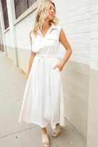 First Love Ivory Cotton Collar Drawstring Waist Fit & Flare Midi