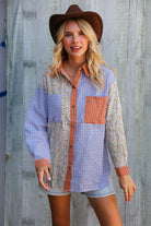 And The Why Lilac/Rust Plaid & Ditzy Floral Color Block Shirt Top Large
