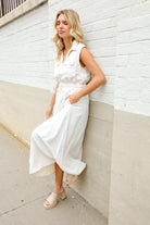 First Love Ivory Cotton Collar Drawstring Waist Fit & Flare Midi
