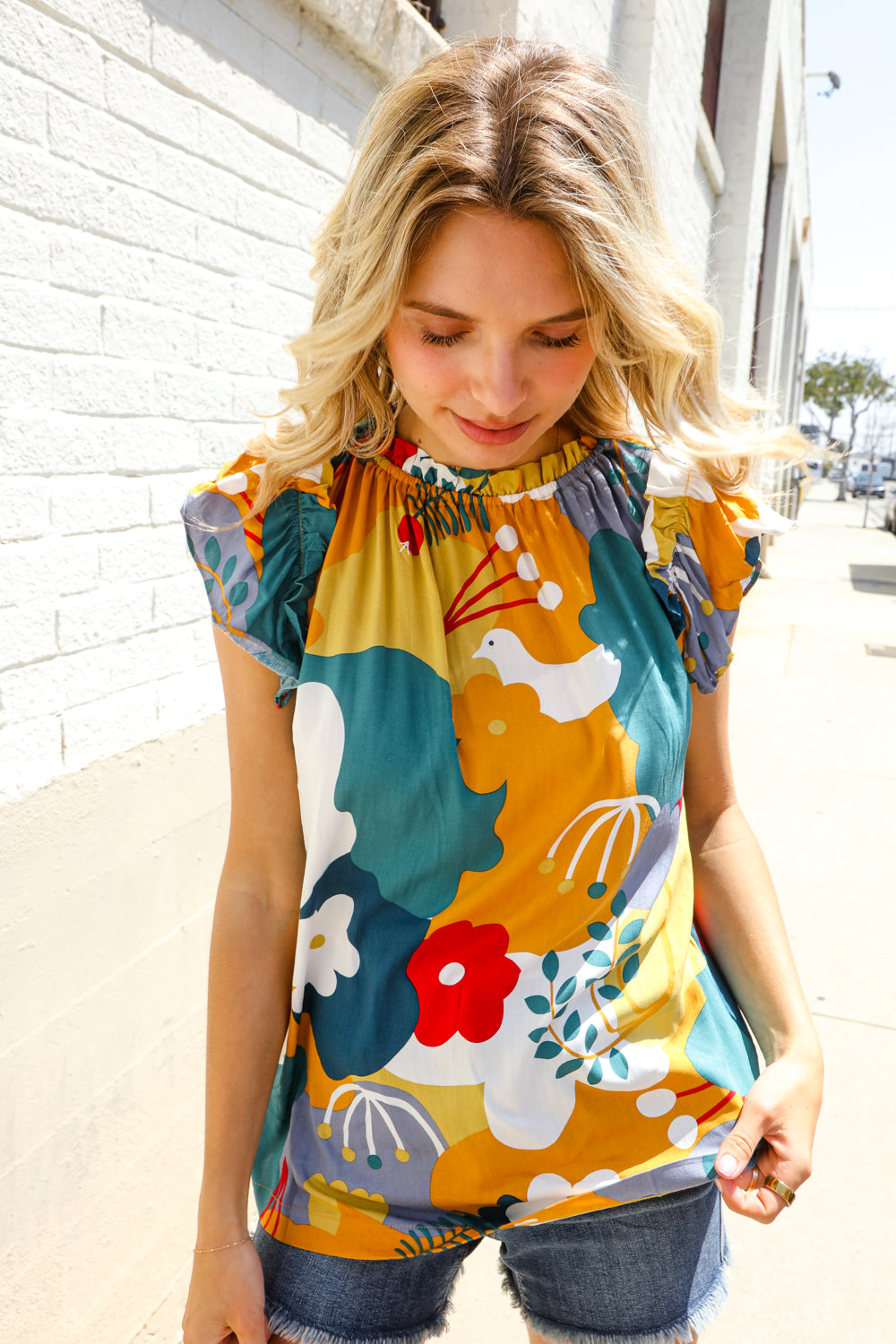 First Love Be Bold Multicolor Abstract Print Flutter Sleeve Mock Neck Top