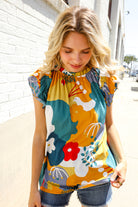 First Love Be Bold Multicolor Abstract Print Flutter Sleeve Mock Neck Top
