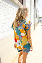 First Love Be Bold Multicolor Abstract Print Flutter Sleeve Mock Neck Top
