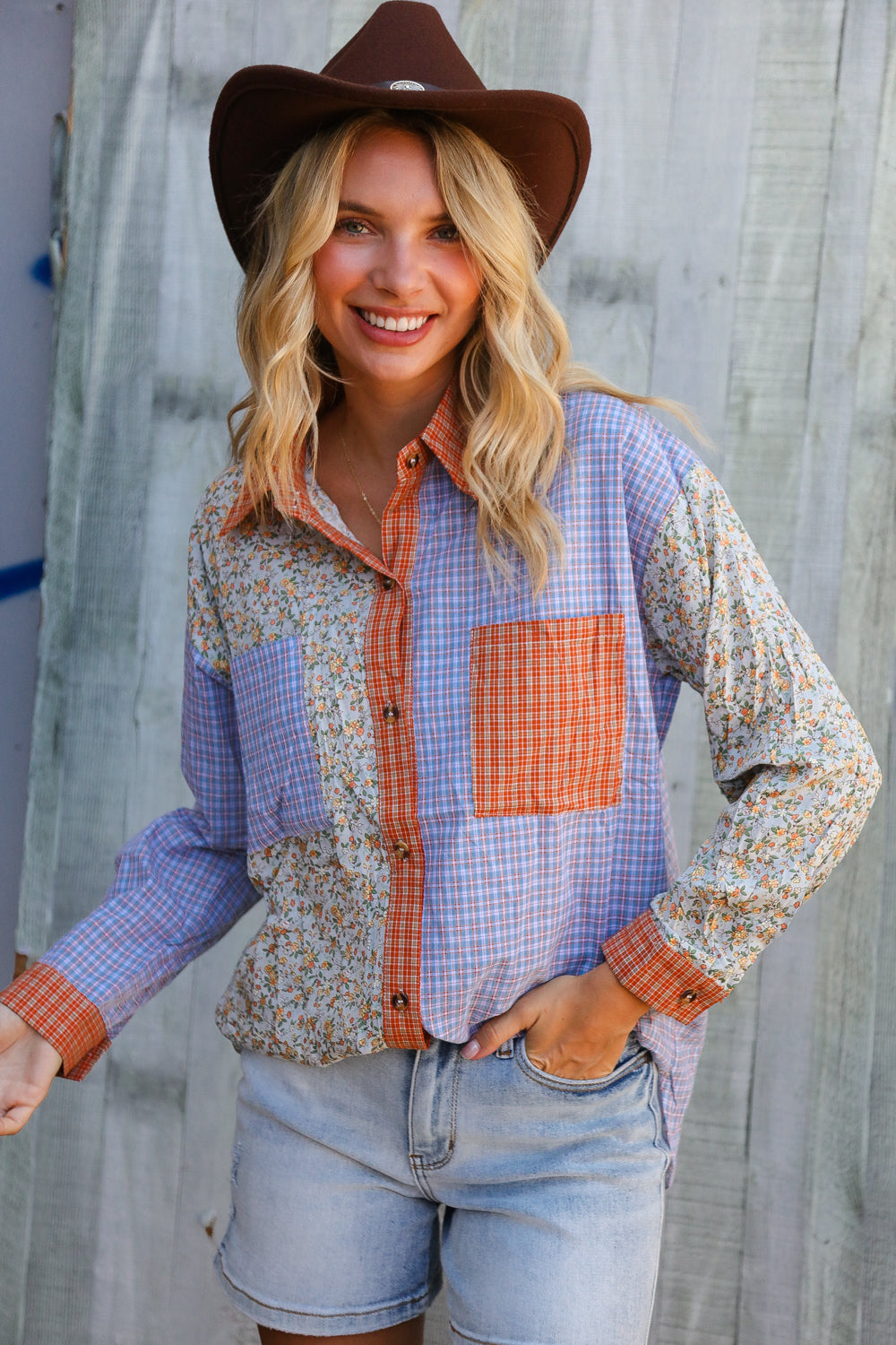 And The Why Lilac/Rust Plaid & Ditzy Floral Color Block Shirt Top