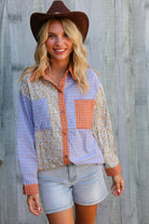 And The Why Lilac/Rust Plaid & Ditzy Floral Color Block Shirt Top