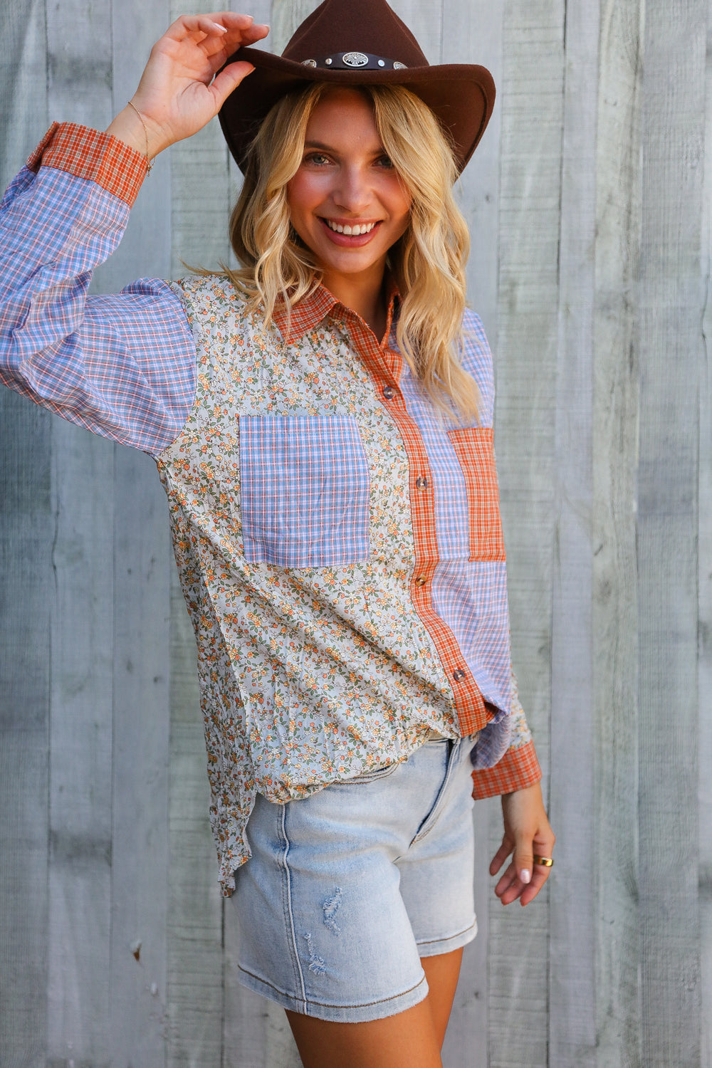And The Why Lilac/Rust Plaid & Ditzy Floral Color Block Shirt Top