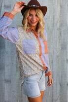 And The Why Lilac/Rust Plaid & Ditzy Floral Color Block Shirt Top