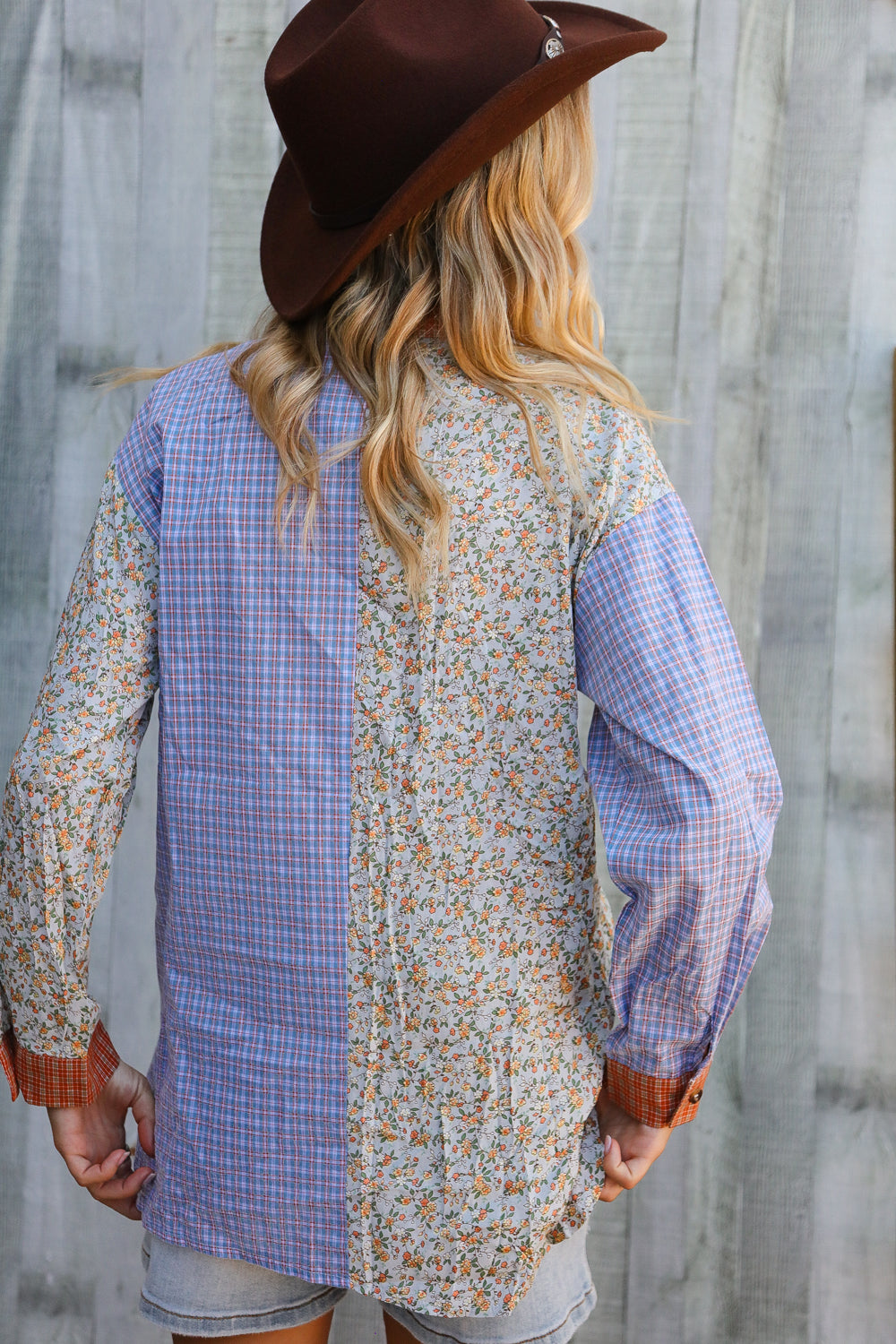 And The Why Lilac/Rust Plaid & Ditzy Floral Color Block Shirt Top