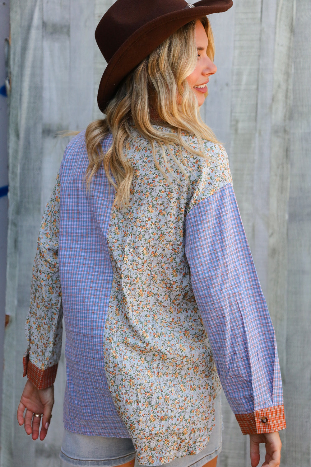 And The Why Lilac/Rust Plaid & Ditzy Floral Color Block Shirt Top