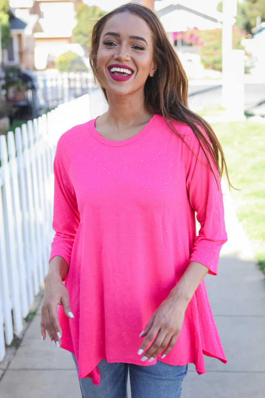 Haptics Be Bold Hot Pink Glitter Stud Scarf Hem Top Final Sale