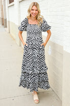 First Love Black/White Abstract Print Smocked Neck Maxi Dress